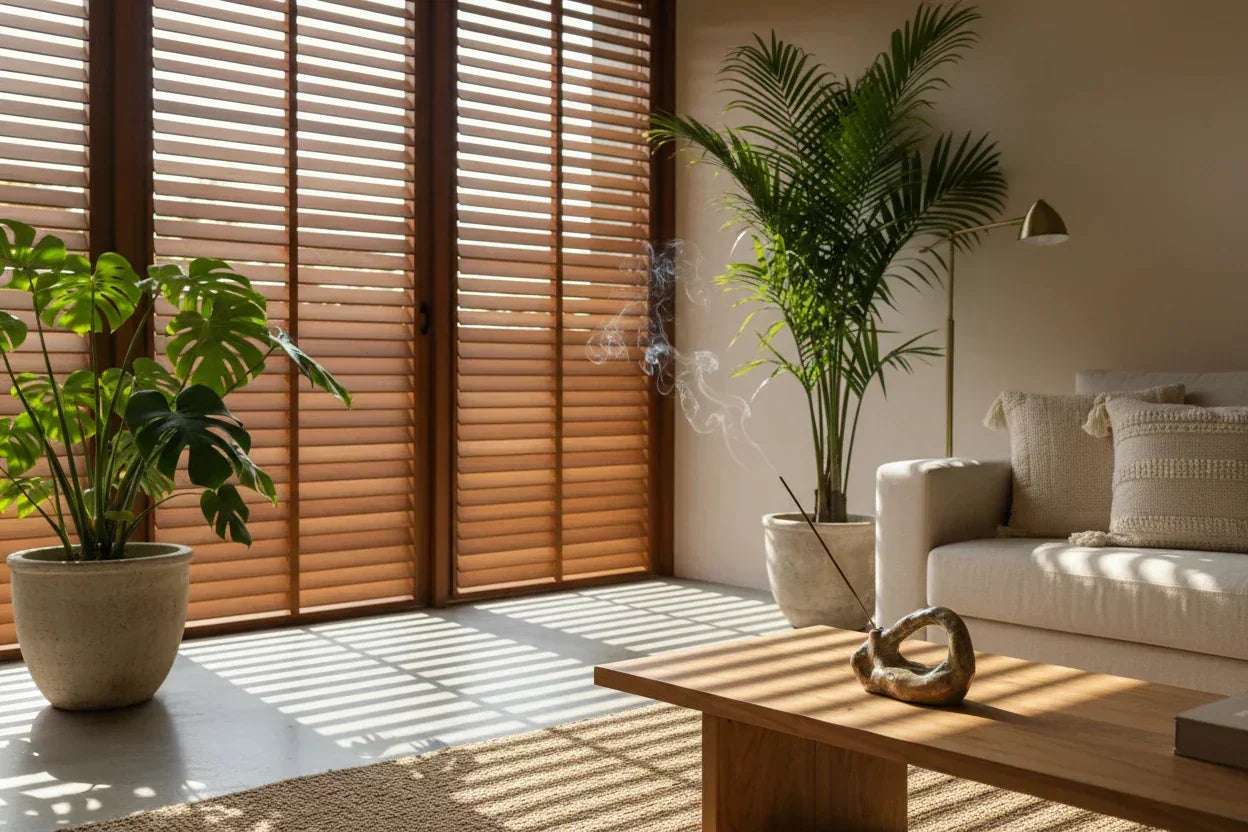 Bali-inspired minimalist home with incense burning and sunlight streaming