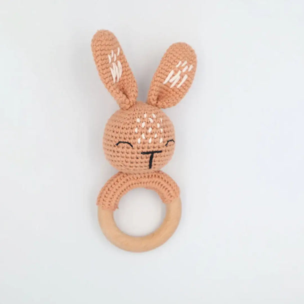 Crochet Bunny & Natural Beechwood Teether Rattle