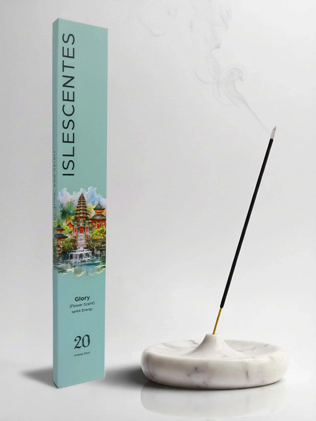 Islescentes Glory Flower Scent Luxury Incense Sticks in mint green packaging with smoldering stick on marble holder