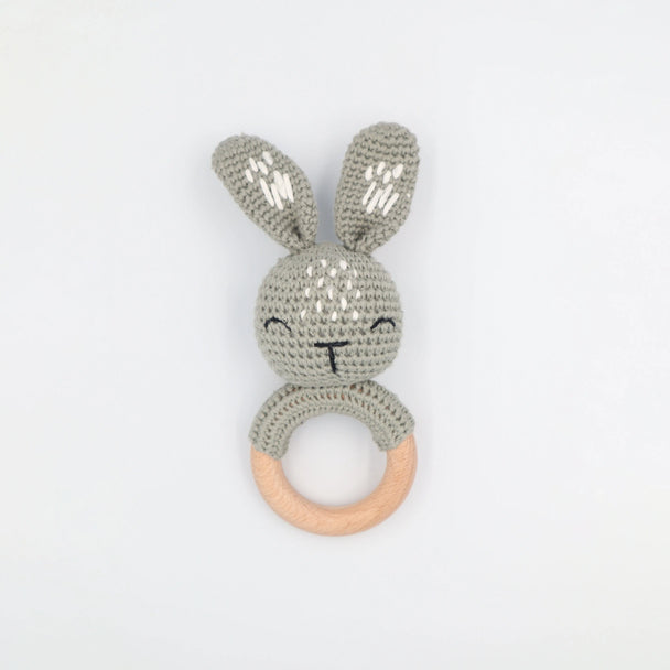 Crochet Bunny & Natural Beechwood Teether Rattle