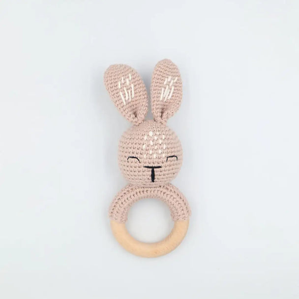 Crochet Bunny & Natural Beechwood Teether Rattle