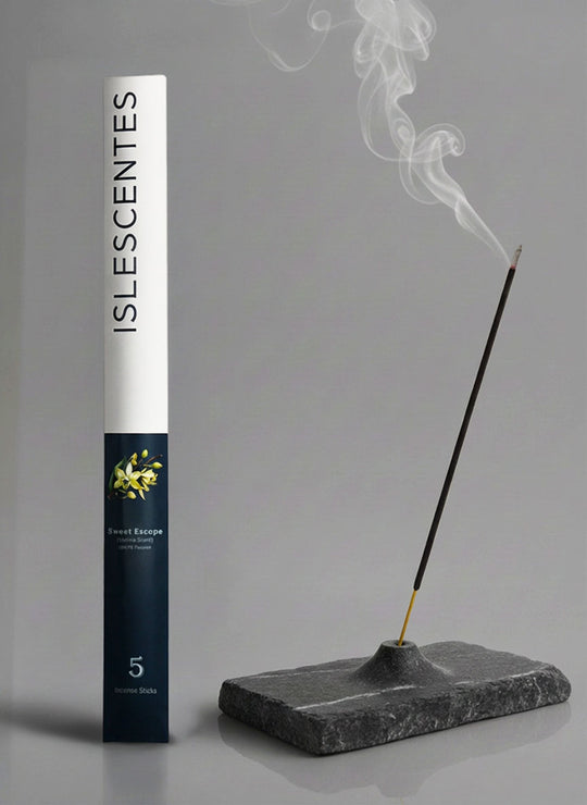 Islescentes Sweet Escape Vanilla Discovery Edition Scent Luxury Incense Sticks in mint green packaging with smoldering stick on marble holder